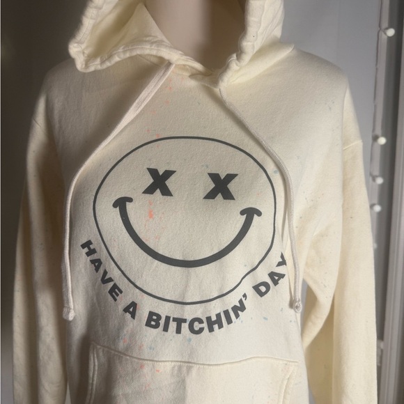 Cream Smiley Face Hoodie Unisex Medium - Picture 2 of 9